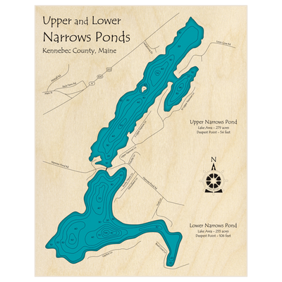 Bathymetric topo map of Narrows Pond (Upper and Lower) with roads, towns and depths noted in blue water