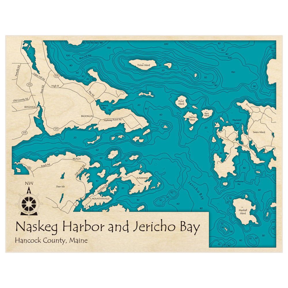 Bathymetric topo map of Naskeg Harbor and Jericho Bay with roads, towns and depths noted in blue water
