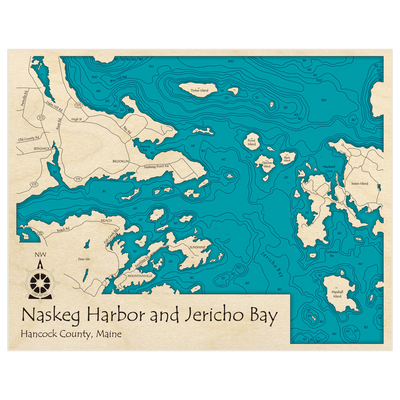 Bathymetric topo map of Naskeg Harbor and Jericho Bay with roads, towns and depths noted in blue water