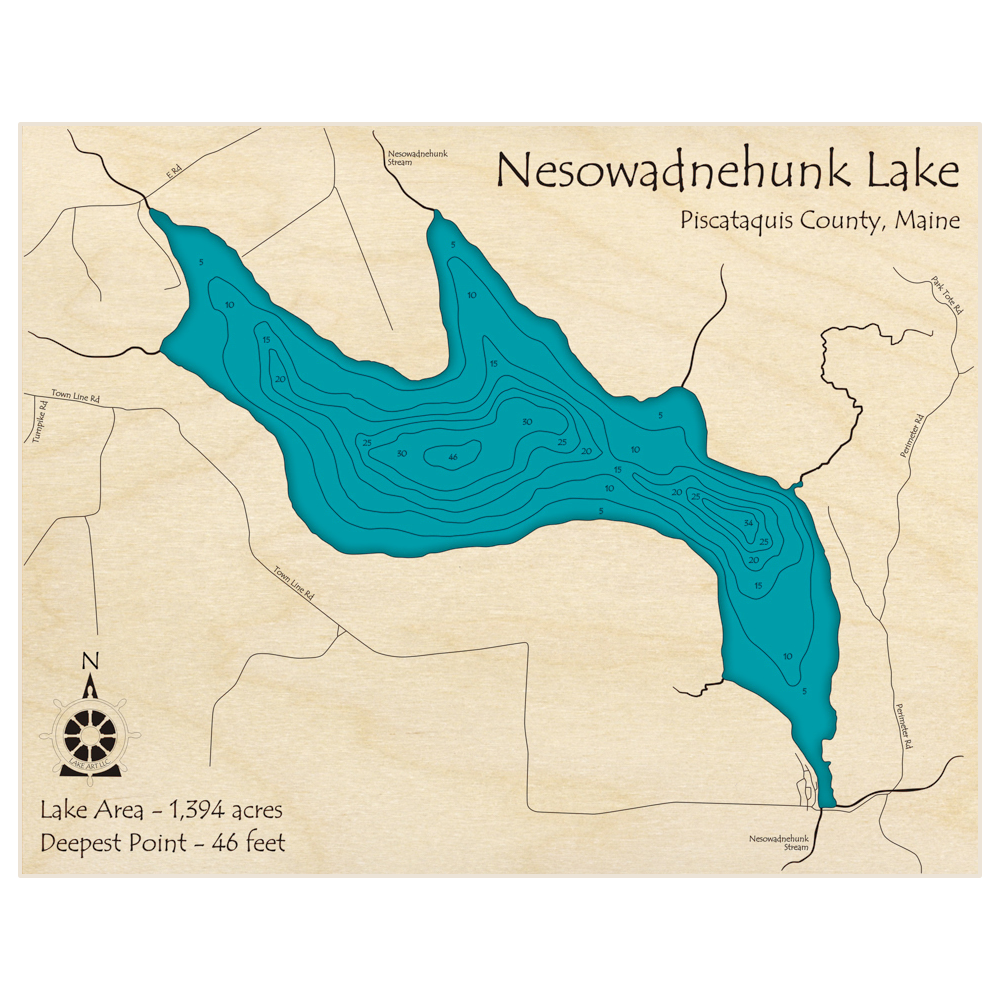 Bathymetric topo map of Nesowadnehunk Lake with roads, towns and depths noted in blue water