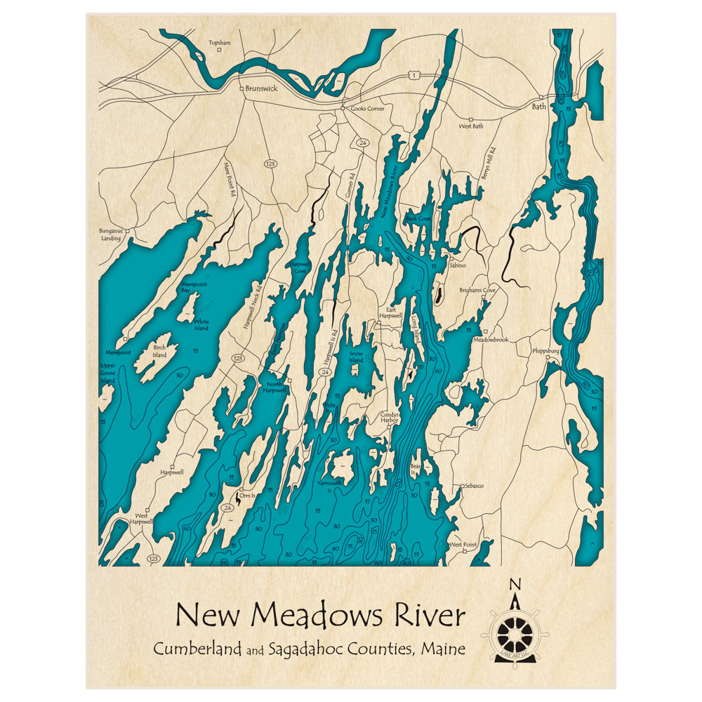 Bathymetric topo map of New Meadows River with roads, towns and depths noted in blue water