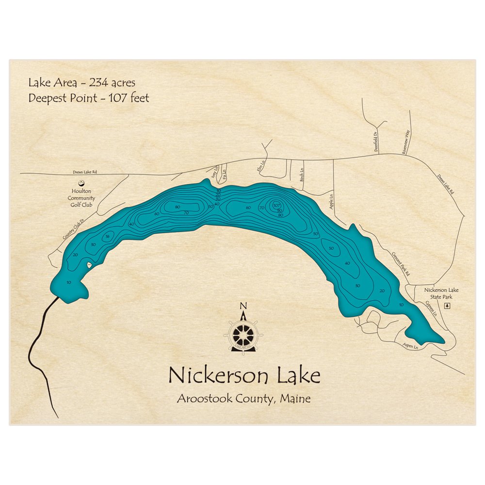 Bathymetric topo map of Nickerson Lake with roads, towns and depths noted in blue water