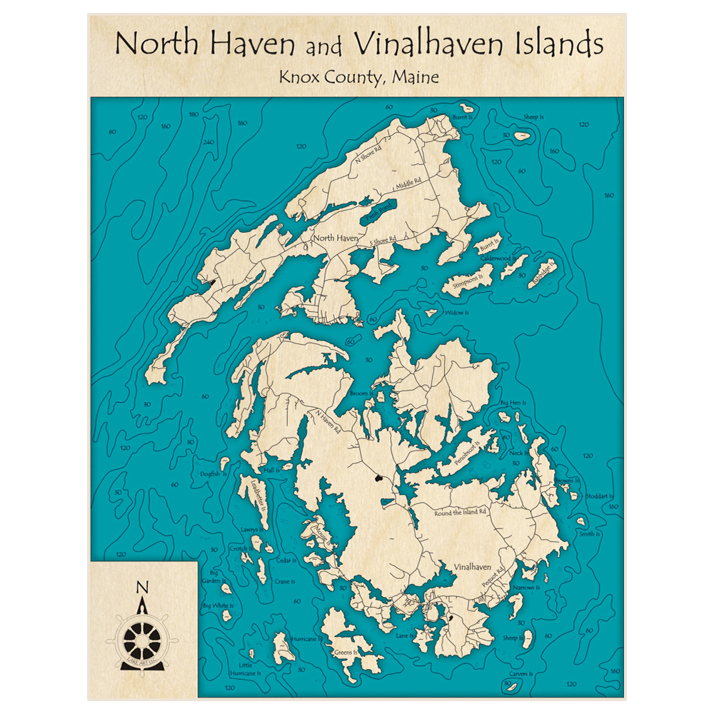 Bathymetric topo map of North Haven and Vinalhaven Islands with roads, towns and depths noted in blue water