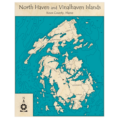 Bathymetric topo map of North Haven and Vinalhaven Islands with roads, towns and depths noted in blue water