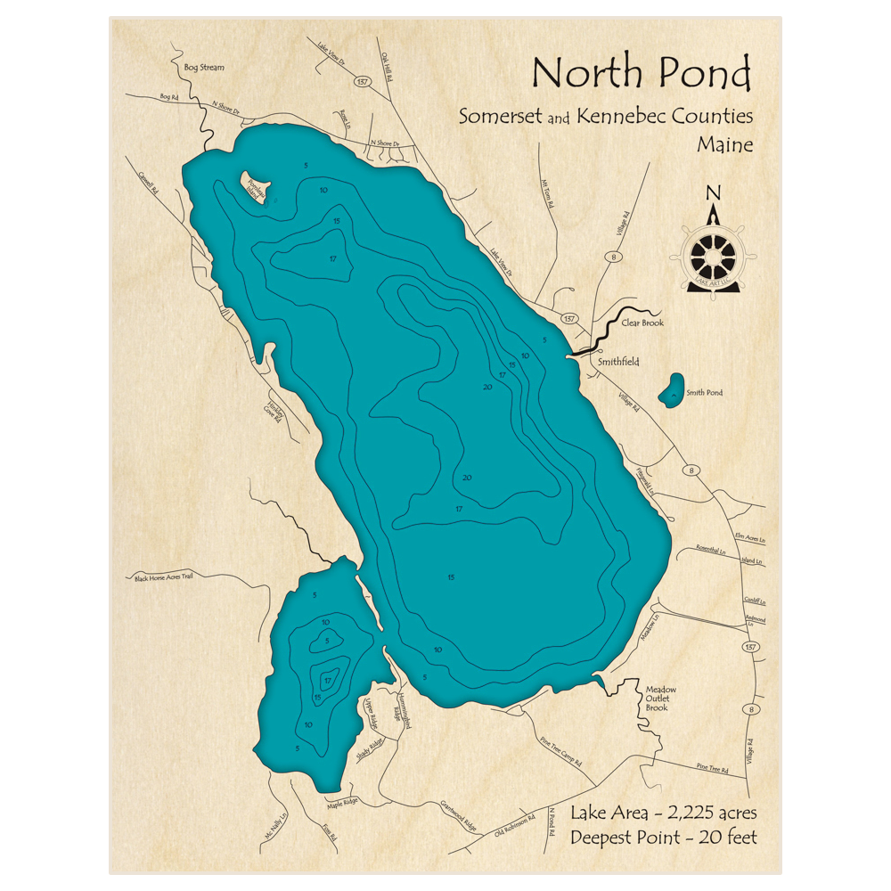 Bathymetric topo map of North Pond with roads, towns and depths noted in blue water