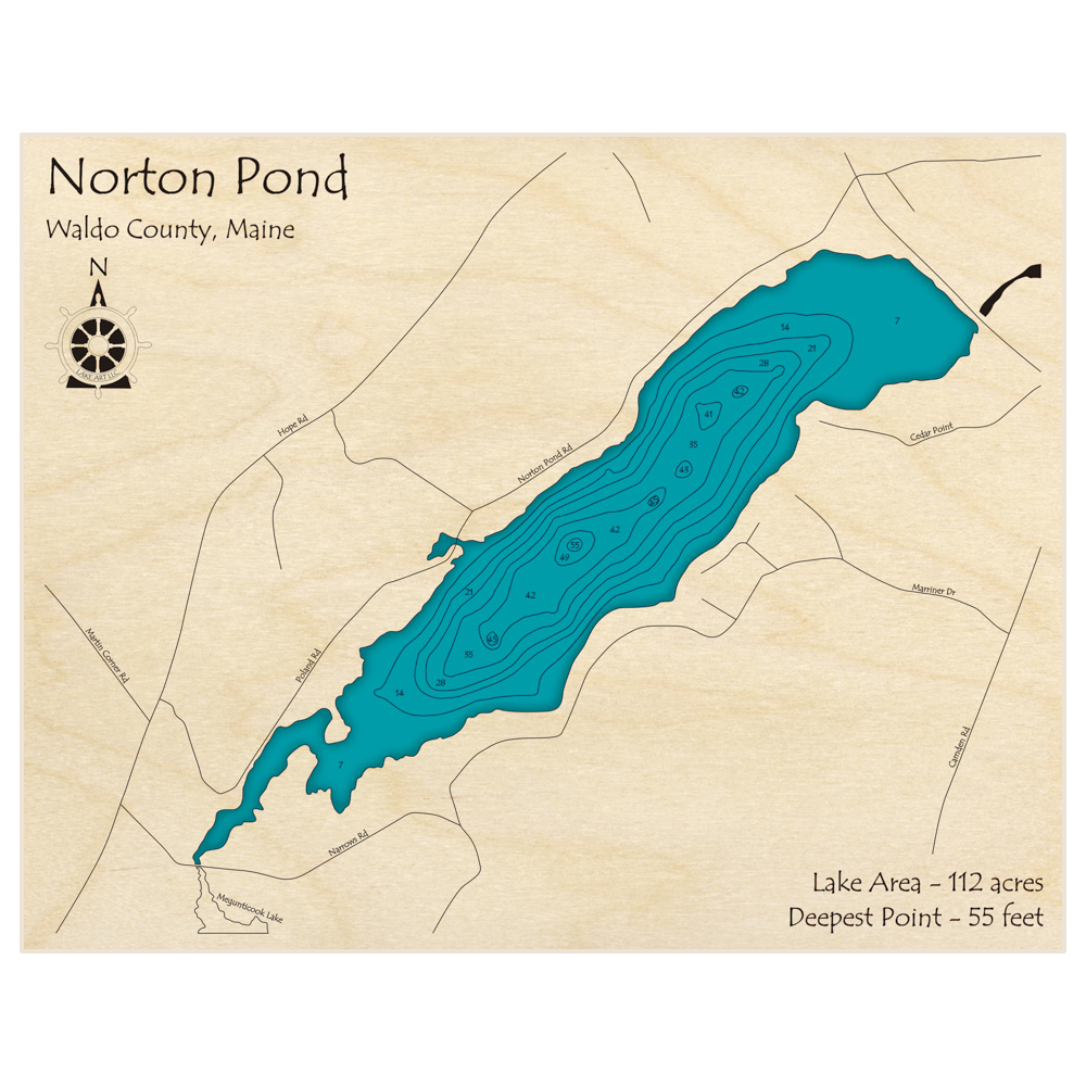 Bathymetric topo map of Norton Pond with roads, towns and depths noted in blue water
