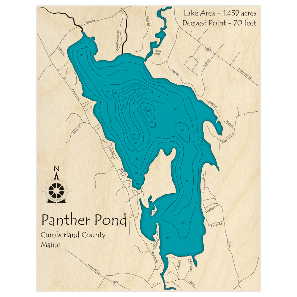 Bathymetric topo map of Panther Pond with roads, towns and depths noted in blue water