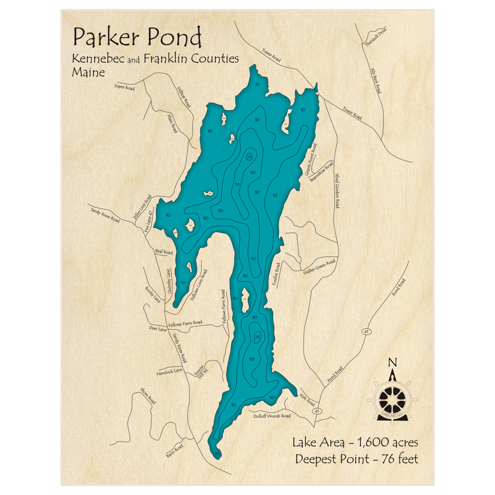 Bathymetric topo map of Parker Pond with roads, towns and depths noted in blue water