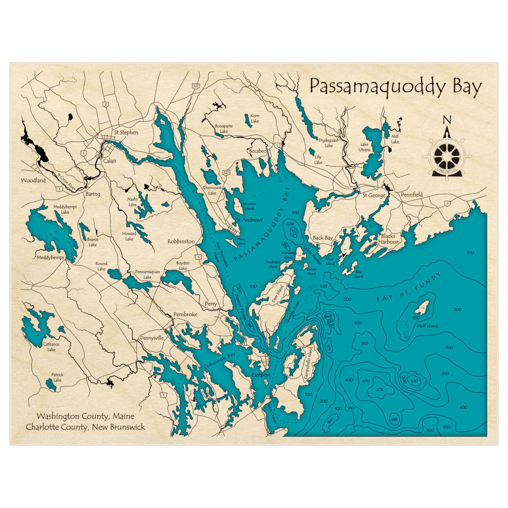 Bathymetric topo map of Passamaquoddy Bay with roads, towns and depths noted in blue water