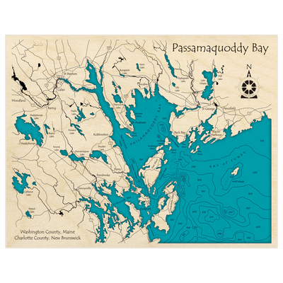 Bathymetric topo map of Passamaquoddy Bay with roads, towns and depths noted in blue water