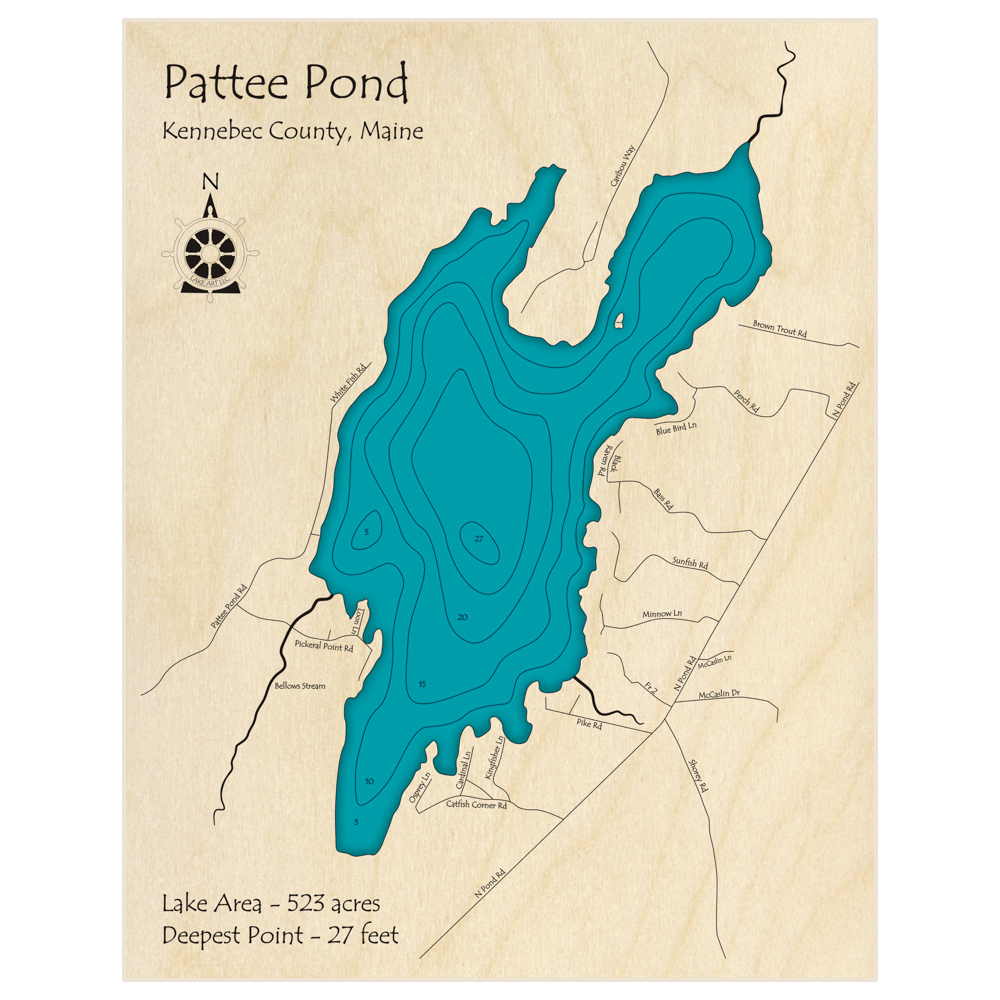 Bathymetric topo map of Pattee Pond with roads, towns and depths noted in blue water