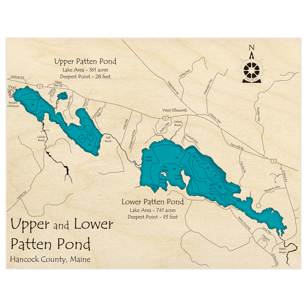 Bathymetric topo map of Upper and Lower Patten Pond with roads, towns and depths noted in blue water