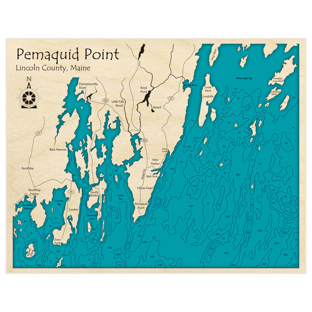 Bathymetric topo map of Pemaquid Point with roads, towns and depths noted in blue water