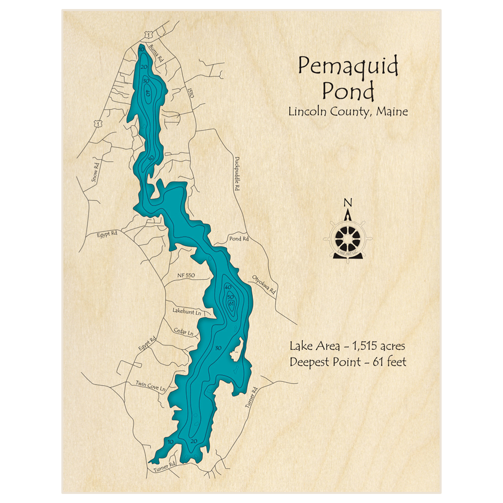 Bathymetric topo map of Pemaquid Pond with roads, towns and depths noted in blue water