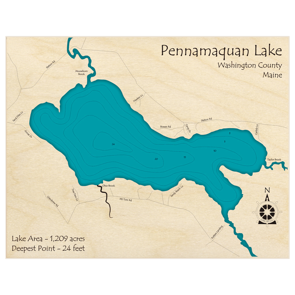Bathymetric topo map of Pennamaquan Lake with roads, towns and depths noted in blue water