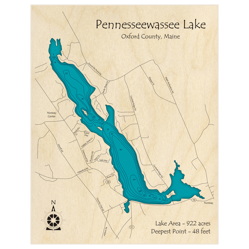 Bathymetric topo map of Pennesseewassee Lake with roads, towns and depths noted in blue water