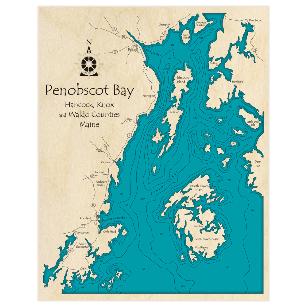 Bathymetric topo map of Penobscot Bay with roads, towns and depths noted in blue water
