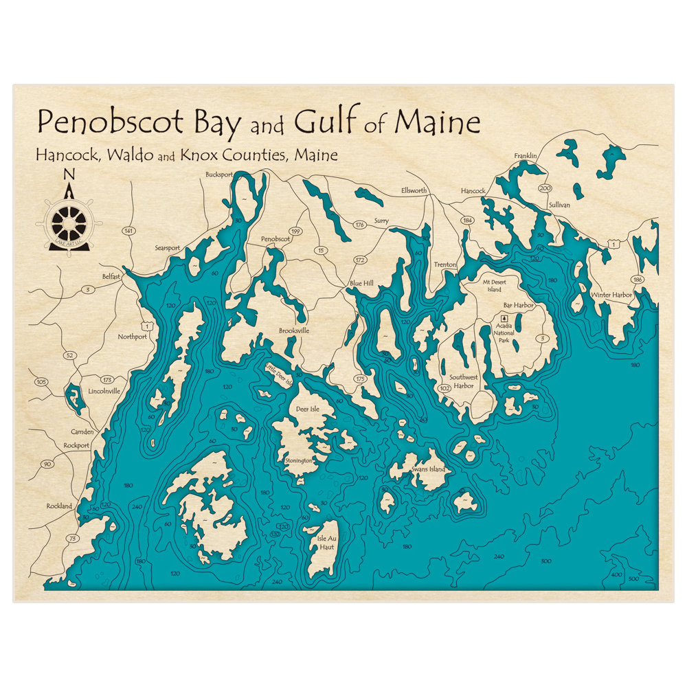 Bathymetric topo map of Penobscot Bay with Gulf of Maine with roads, towns and depths noted in blue water