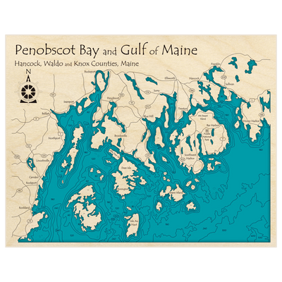 Bathymetric topo map of Penobscot Bay with Gulf of Maine with roads, towns and depths noted in blue water