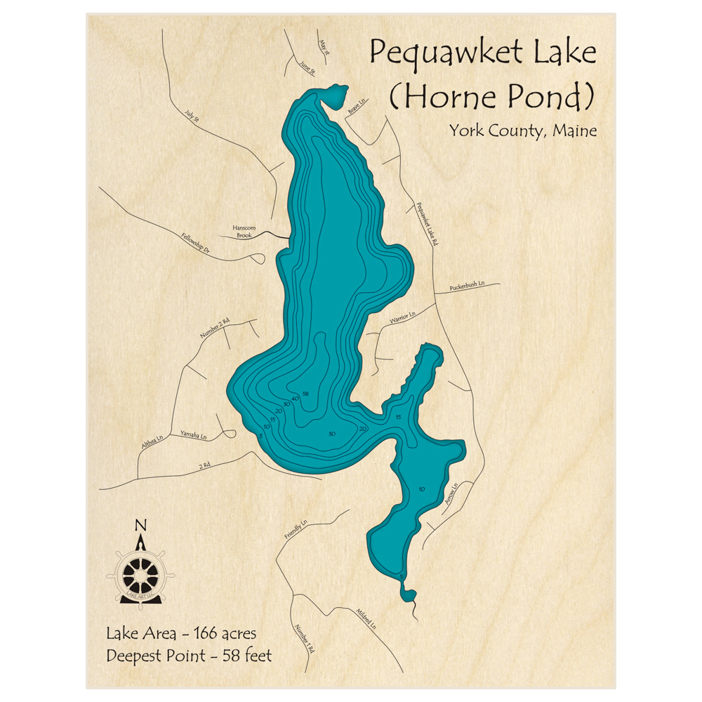 Bathymetric topo map of Pequawket Lake (Horne Pond) with roads, towns and depths noted in blue water