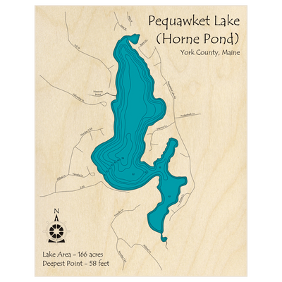 Bathymetric topo map of Pequawket Lake (Horne Pond) with roads, towns and depths noted in blue water