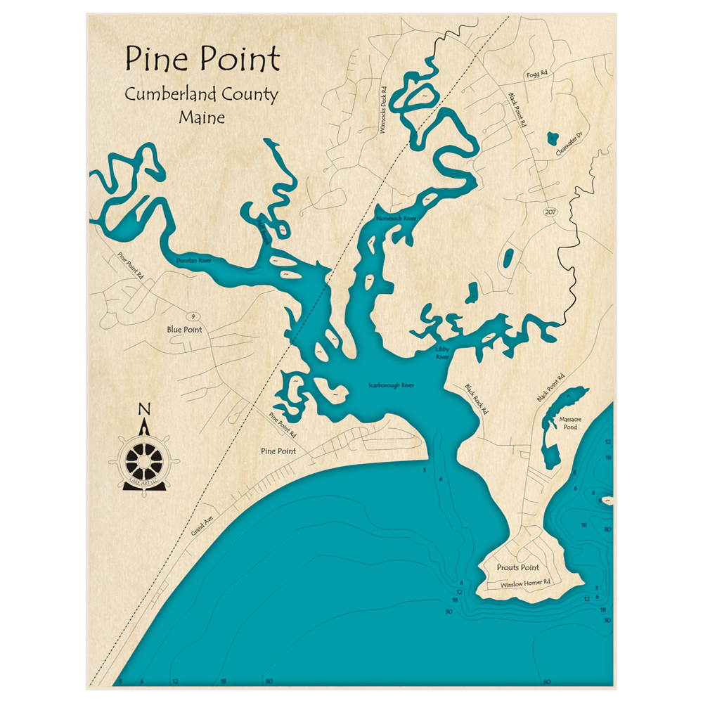 Bathymetric topo map of Pine Point (and Scarborough River) with roads, towns and depths noted in blue water