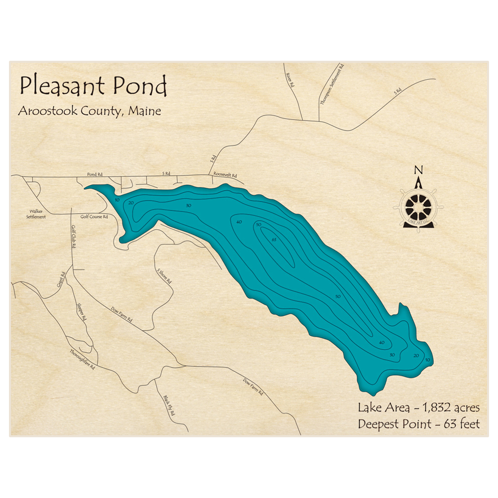 Bathymetric topo map of Pleasant Pond with roads, towns and depths noted in blue water