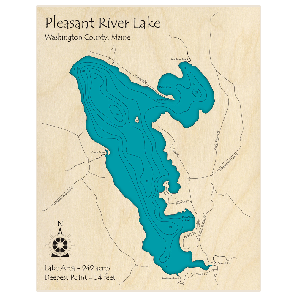Bathymetric topo map of Pleasant River Lake with roads, towns and depths noted in blue water