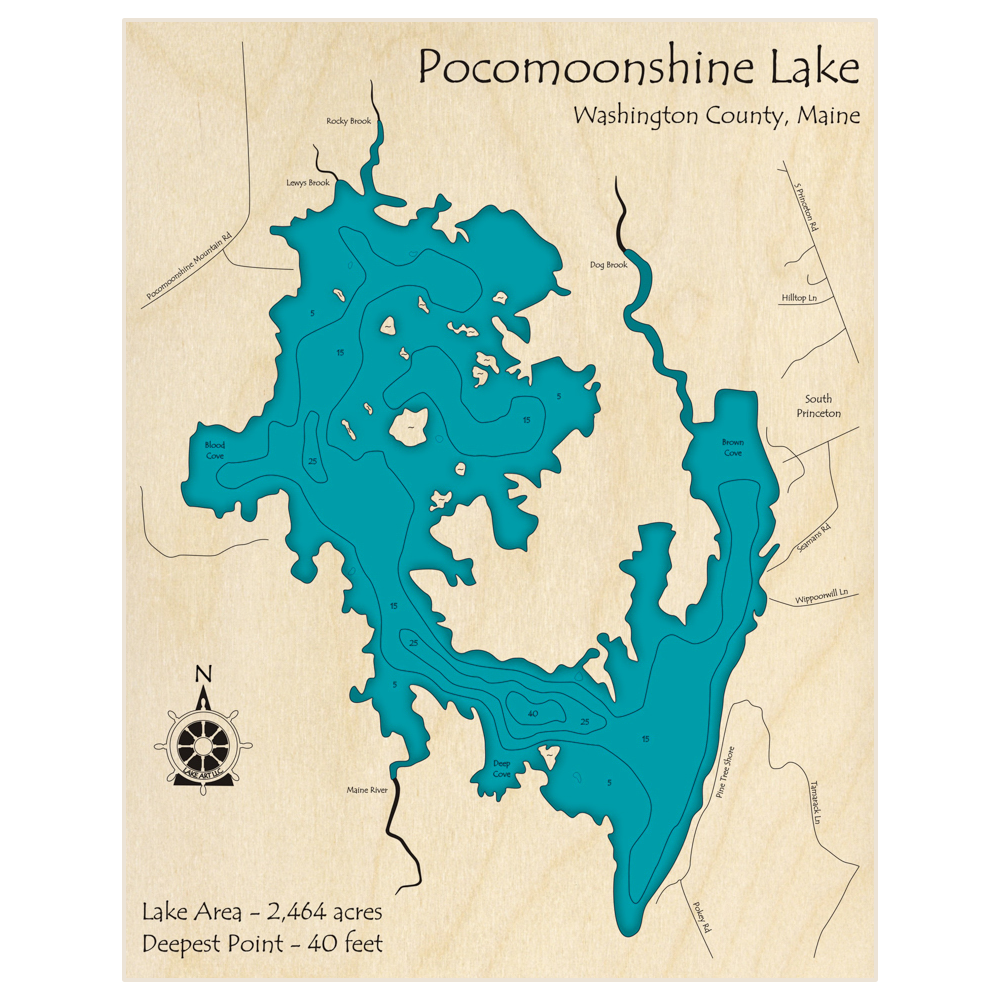 Bathymetric topo map of Pocomoonshine Lake with roads, towns and depths noted in blue water