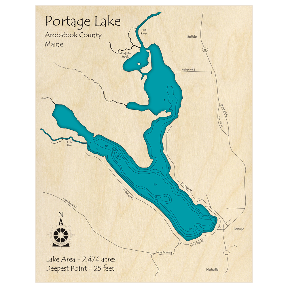Bathymetric topo map of Portage Lake with roads, towns and depths noted in blue water