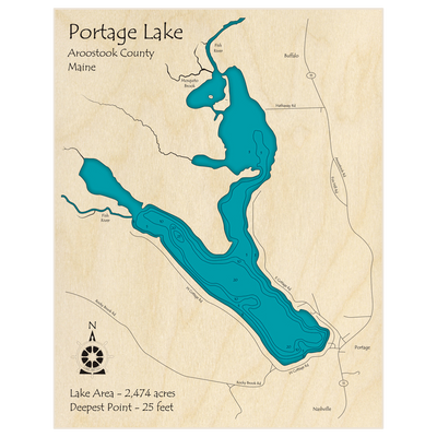 Bathymetric topo map of Portage Lake with roads, towns and depths noted in blue water