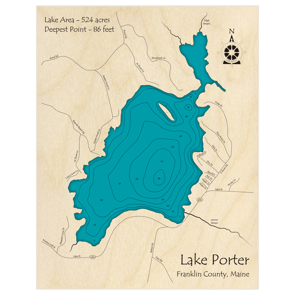 Bathymetric topo map of Lake Porter with roads, towns and depths noted in blue water