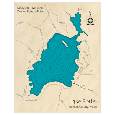Bathymetric topo map of Lake Porter with roads, towns and depths noted in blue water