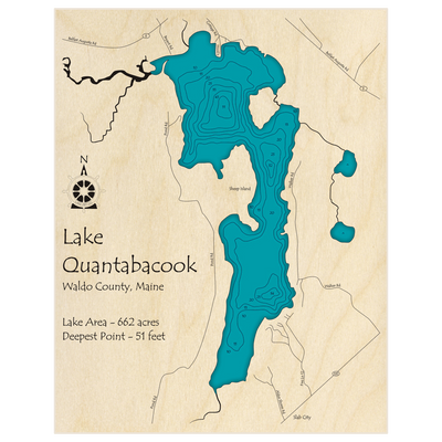Bathymetric topo map of Lake Quantabacook with roads, towns and depths noted in blue water
