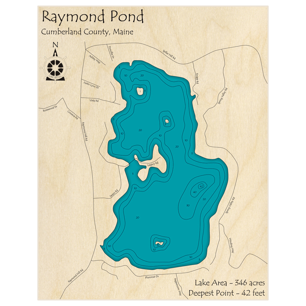 Bathymetric topo map of Raymond Pond with roads, towns and depths noted in blue water