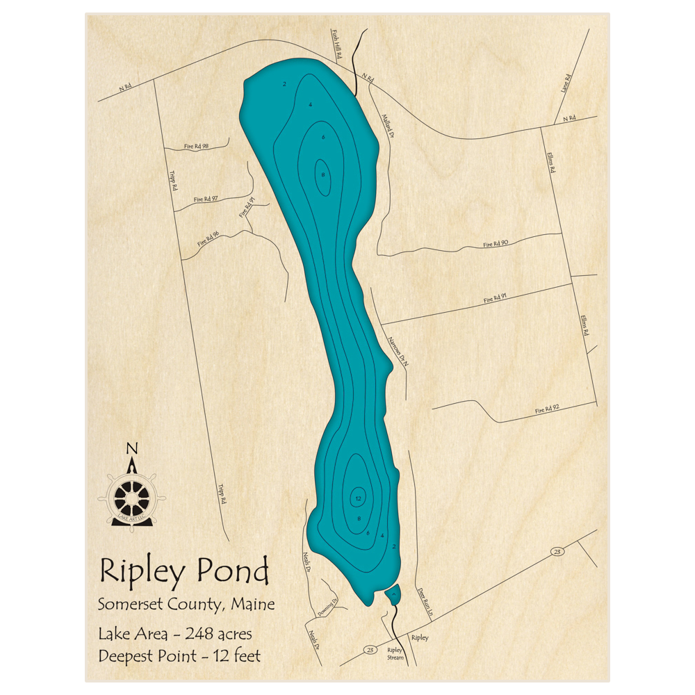 Bathymetric topo map of Ripley Pond with roads, towns and depths noted in blue water