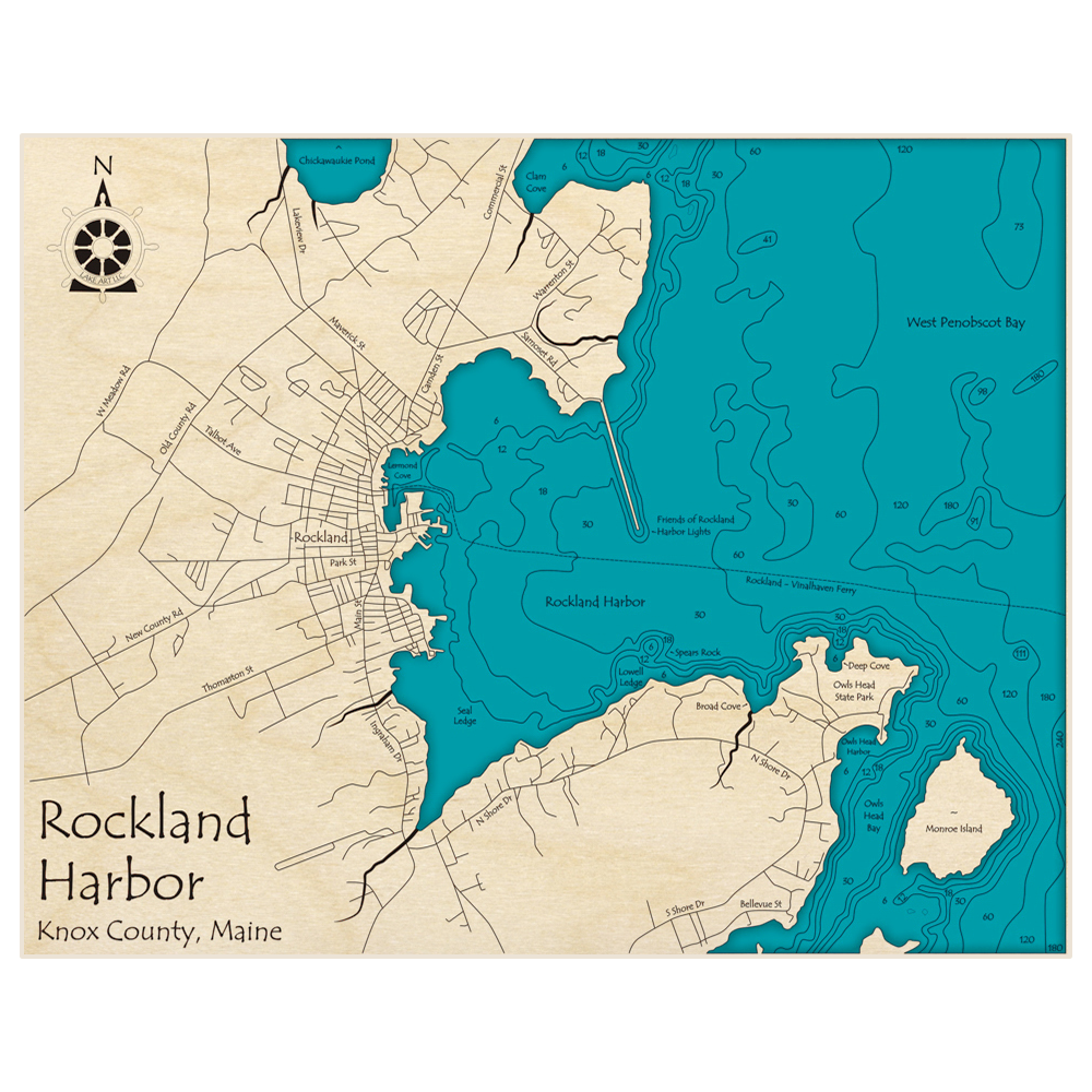 Bathymetric topo map of Rockland Harbor with roads, towns and depths noted in blue water