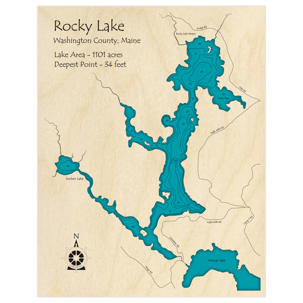 Bathymetric topo map of Rocky Lake with roads, towns and depths noted in blue water