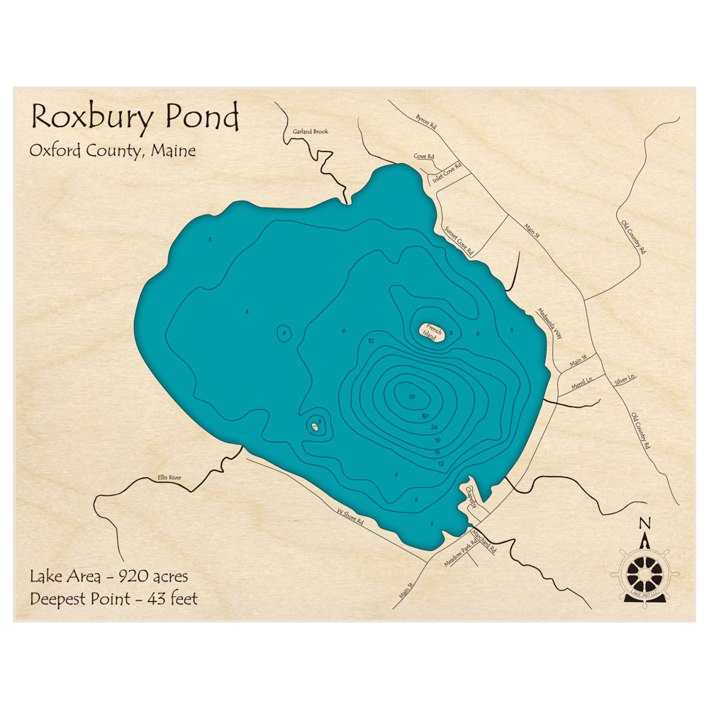 Bathymetric topo map of Roxbury Pond with roads, towns and depths noted in blue water