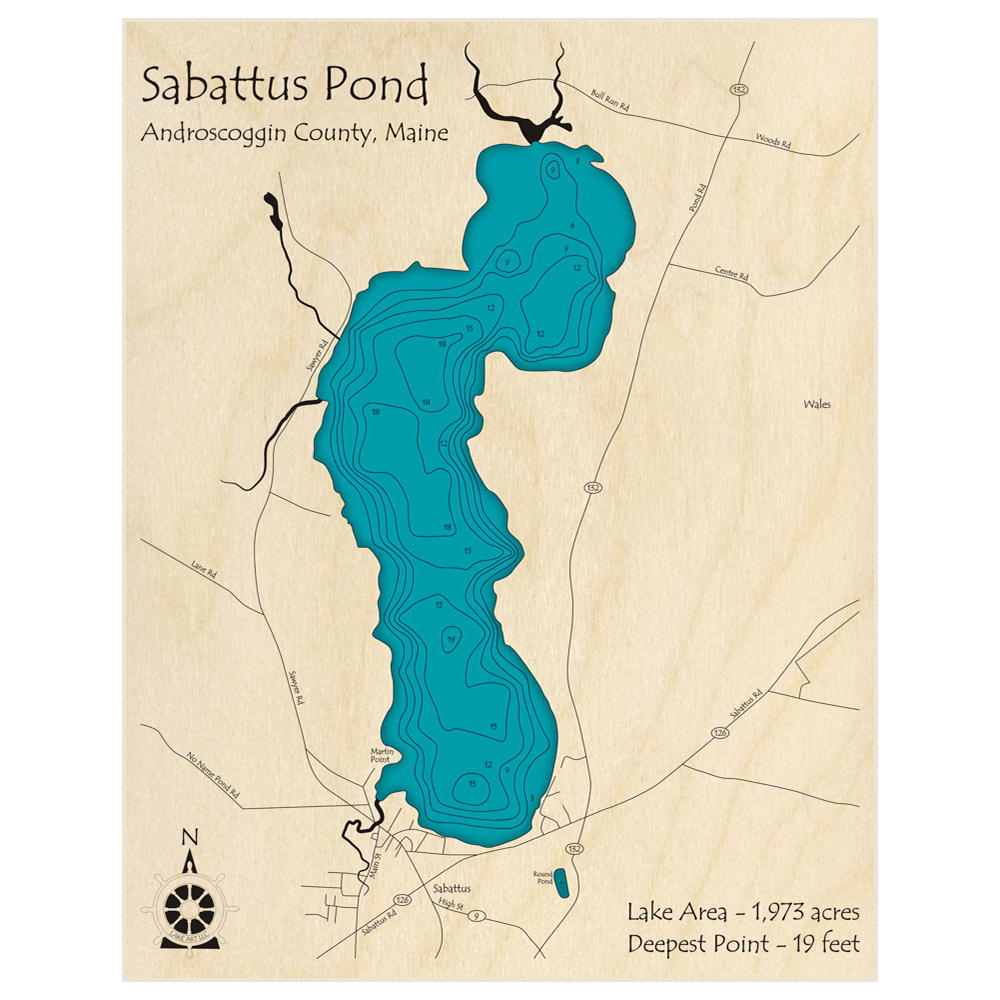 Bathymetric topo map of Sabattus Pond with roads, towns and depths noted in blue water