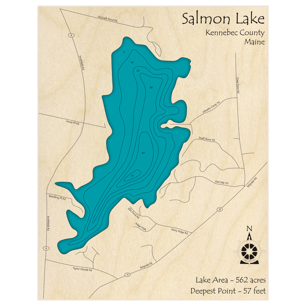 Bathymetric topo map of Salmon Lake with roads, towns and depths noted in blue water