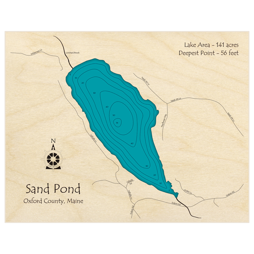 Bathymetric topo map of Sand Pond with roads, towns and depths noted in blue water