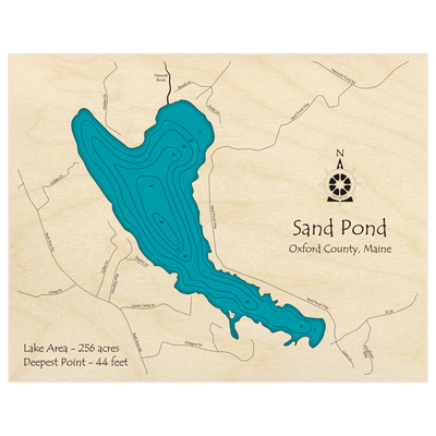 Bathymetric topo map of Sand Pond (aka Walden Pond) with roads, towns and depths noted in blue water
