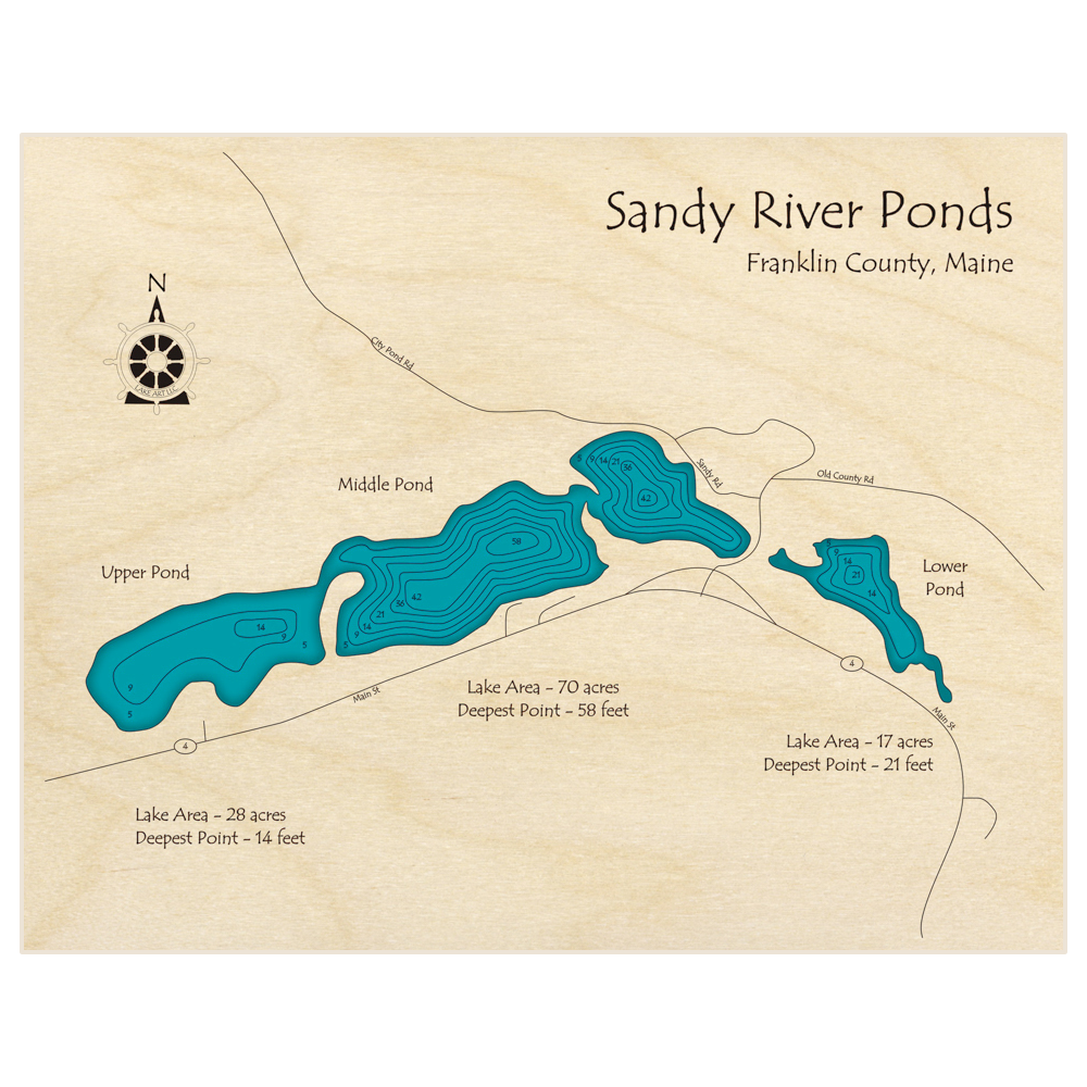 Bathymetric topo map of Sandy River Ponds (Upper Middle Lower Ponds) with roads, towns and depths noted in blue water