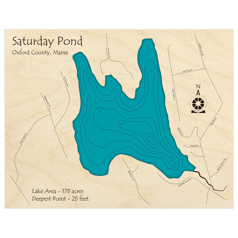 Bathymetric topo map of Saturday Pond with roads, towns and depths noted in blue water