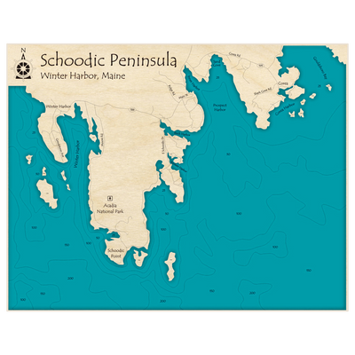 Bathymetric topo map of Schoodic Peninsula and Winter Harbor with roads, towns and depths noted in blue water