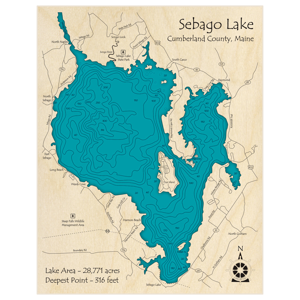Bathymetric topo map of Sebago Lake with roads, towns and depths noted in blue water