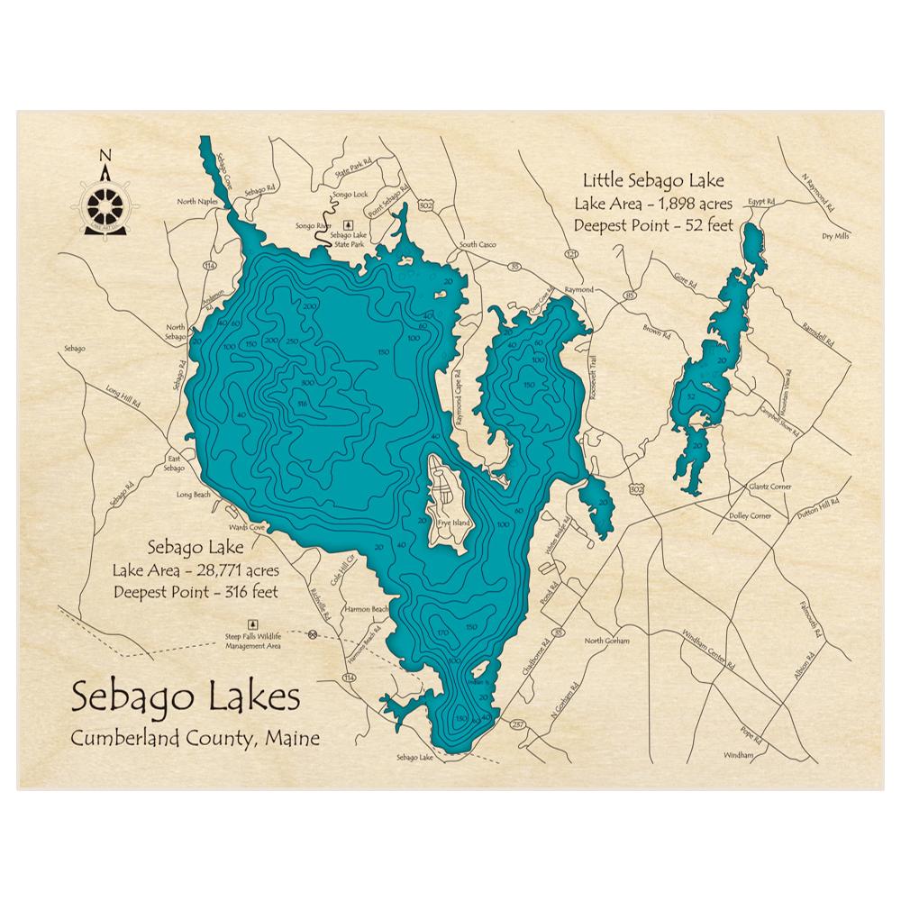 Bathymetric topo map of Sebago and Little Sebago Lakes with roads, towns and depths noted in blue water