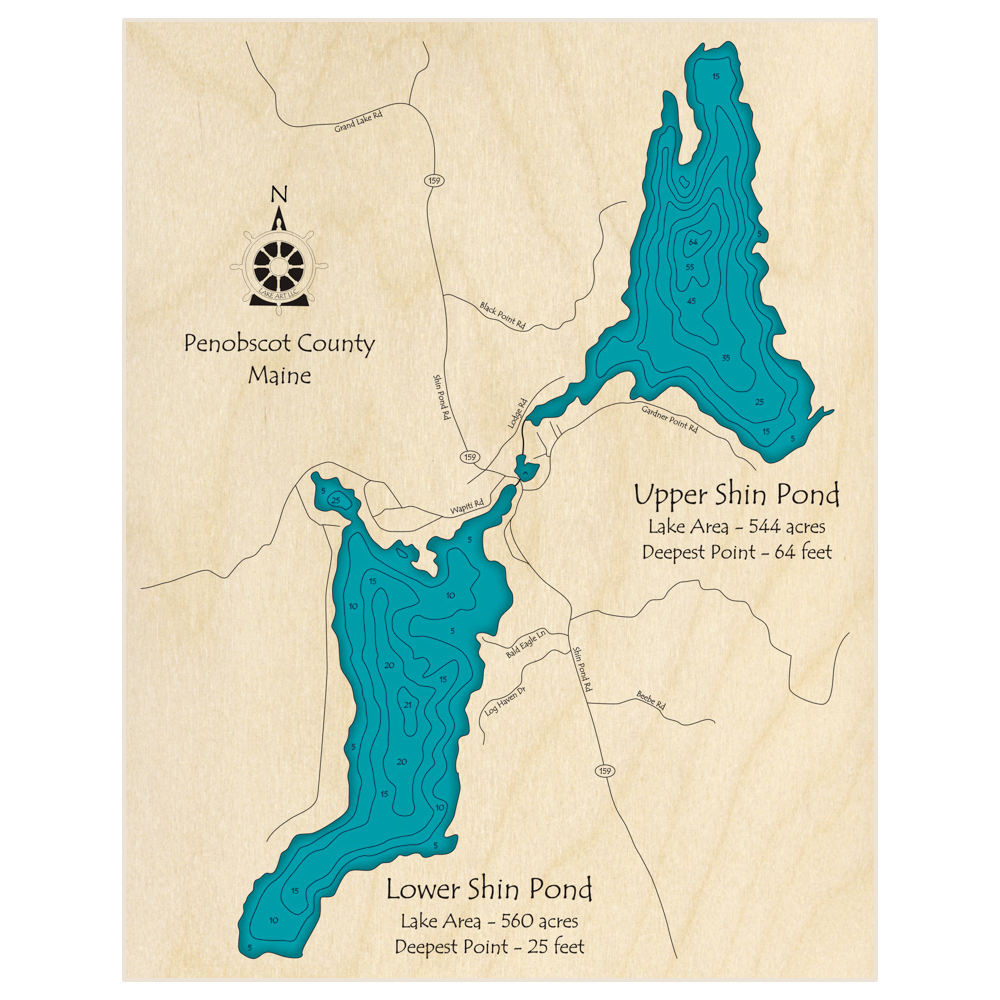 Bathymetric topo map of Upper and Lower Shin Ponds with roads, towns and depths noted in blue water