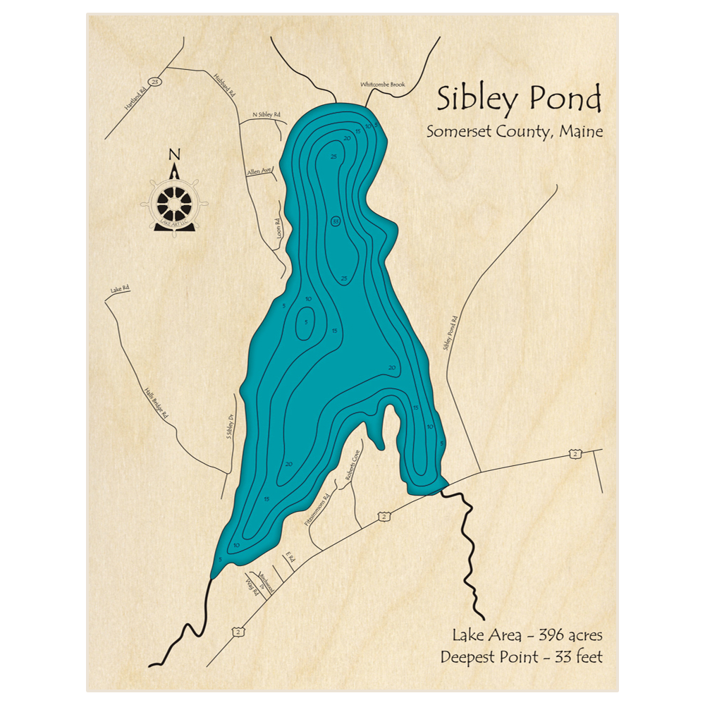 Bathymetric topo map of Sibley Pond with roads, towns and depths noted in blue water